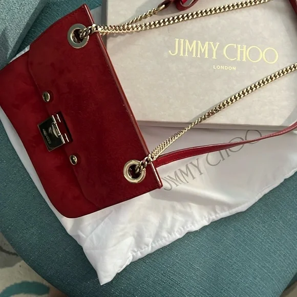 Jimmy Choo Red Suede Chain Shoulder Bag Crossbody with Box & Dust Bag EUC - Picture 11 of 13